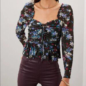 Peter Som Tie Detail Crop Top Floral Long Sleeve Casual Ruched Neutral Black